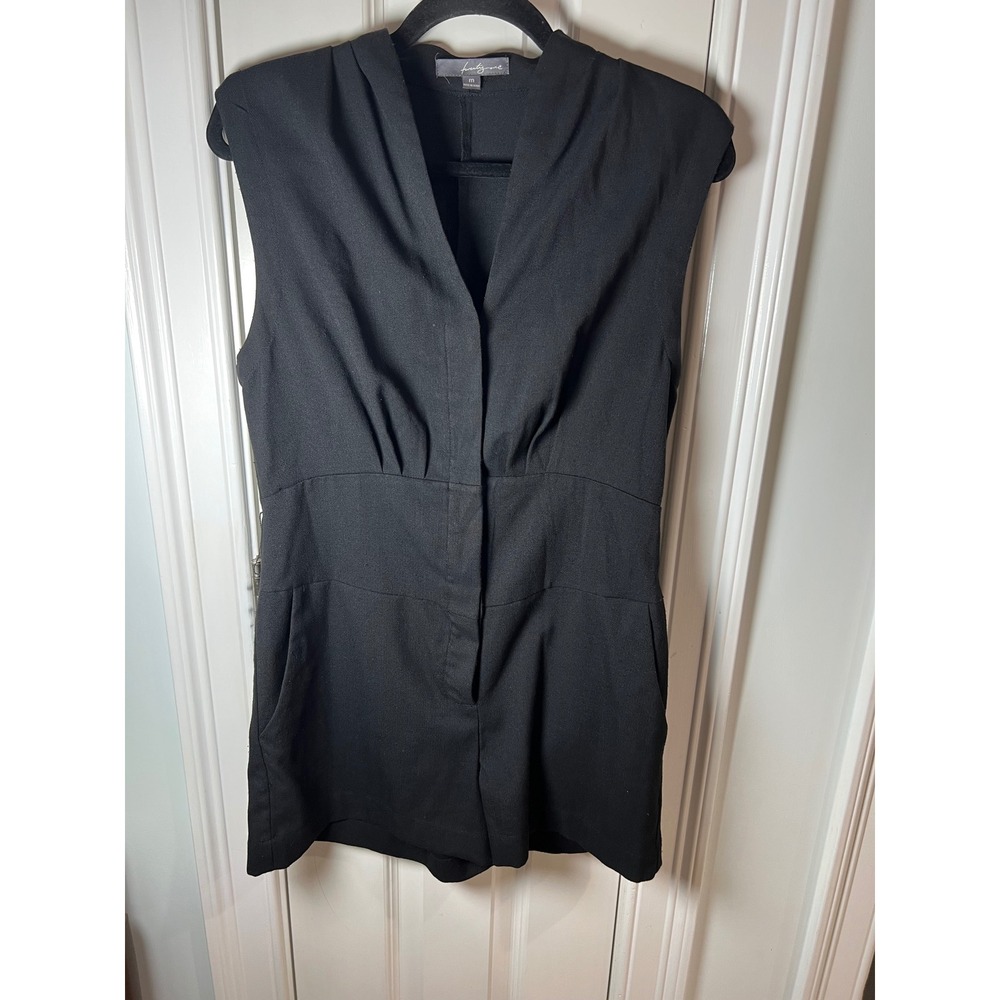 Twenty One Black Herringbone Sleeveless Romper V-Neck Button Front Pockets M